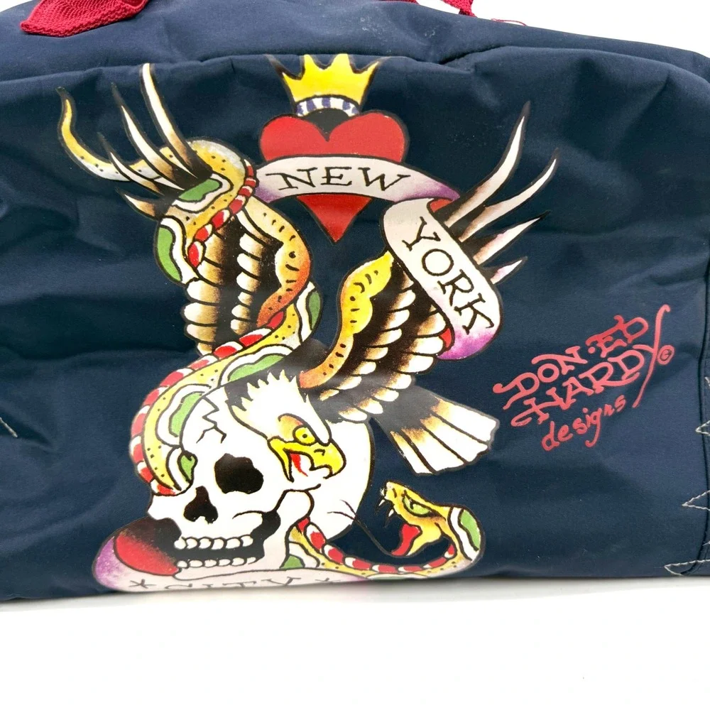 NEW Y2K Ed Hardy Nylon Duffle Bag New York Skull Snake Tattoo Art Streetwear